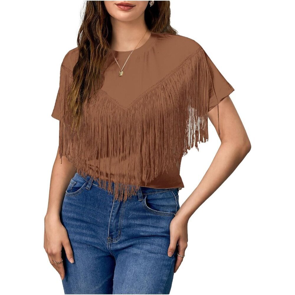 Women's Short Sleeve Fringe Top Tassel Trim Cowgirl Shirt Western Outfits